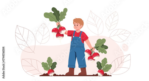 Cheerful Young Farmer Presenting Freshly Harvested Radishes in a Vibrant Garden Scene
