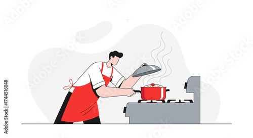 Chef Preparing Delicious Dish, Cooking Food on Stove, Vector Illustration For Design