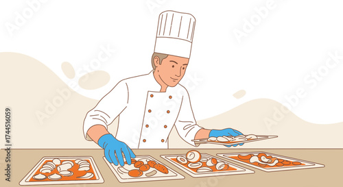 Chef preparing vegetables on trays, depicting a food service professional at work no commas