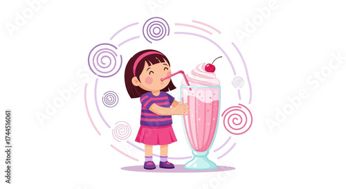 Cheerful Young Girl Enjoying a Delicious Strawberry Milkshake and Delightful Treat