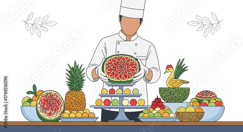 Chef presenting a colorful fruits carving of watermelon artwork on a display table
