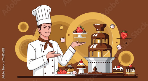 Chef Presenting Chocolate Fountain With Desserts And Fruits For Sweet Celebration