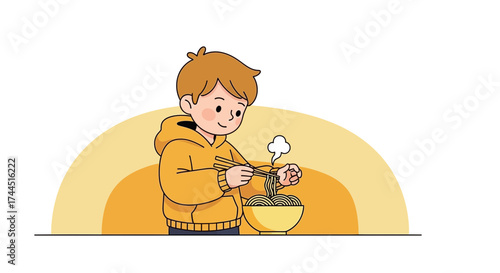 Cheerful Young Person Relishes a Bowl of Noodles with Chopsticks in a Joyful Illustration