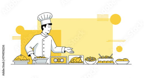 Chef Presenting Culinary Delights: A Stylish Illustration Of Food Preparation