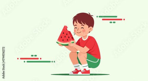 Cheerful Youngster Devouring Watermelon Slice in Summer, Enjoying Refreshing Treat Delightedly