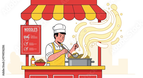 Chef Preparing Delicious Noodles At A Street Food Stall With A Colorful Design