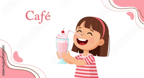 Cheerful Youngster Delights In Refreshing Café Treat While Drinking Pink Strawberry Drink