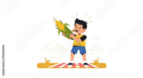Cheerful Youngster Enjoying Fresh Corn On The Cob During A Sunny Weekend Picnic