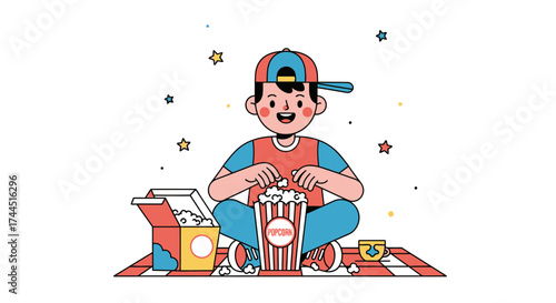 Cheerful Youngster Enjoying Fresh Popcorn On A Picnic Blanket With Snacks And Beverages