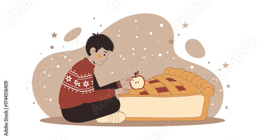 Cheerful Youth Ponders Placement Of Apple Slice On Delicious, Homemade Pie for Autumn