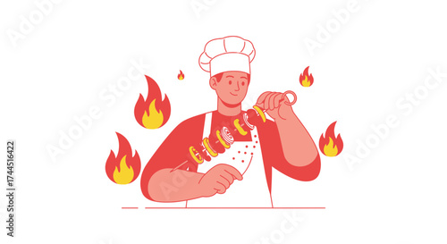 Chef Preparing Delicious Skewers On Fire, Culinary Art Illustration With Style