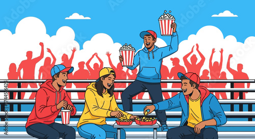 Cheering Friends Enjoy Watching A Game While Eating Popcorn And Enjoying The View