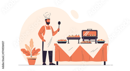 Chef Presenting Food at a Buffet Table in a Modern, Flat Design Illustration