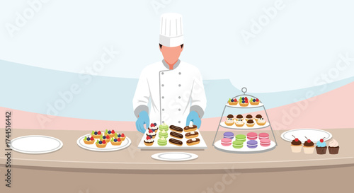 Chef Preparing Dessert Display: Exquisite Patisserie Treats on a Tabletop Presentation