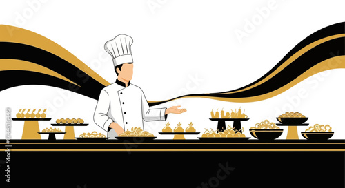 Chef presenting food buffet with various dishes ready for serving and catering event