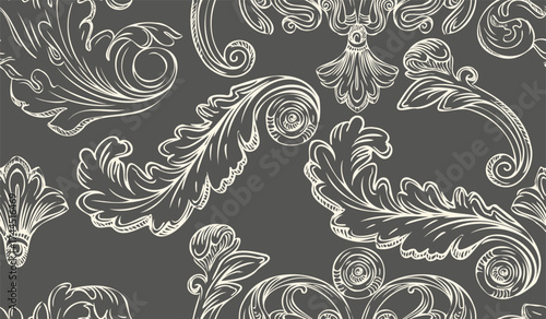 Baroque engraved seamless pattern with leaves vector