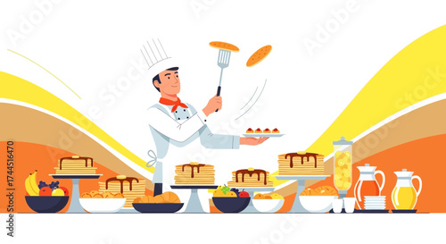 Chef Presenting Fresh Pancakes Breakfast Meal Serving Various Food Dishes Concept