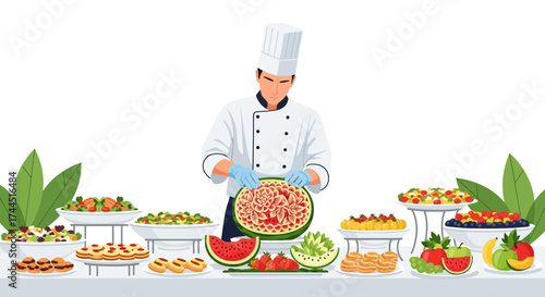 Chef Preparing Exquisite Fruit Carvings for Buffet, Displaying Culinary Art, Dining Scene