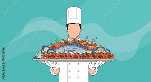 Chef Presenting Fresh Seafood Platter, Delicious Seafood Dish, and Culinary Art