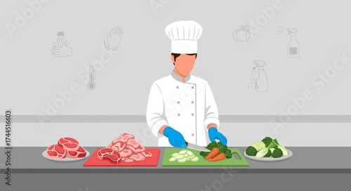 Chef preparing food in a clean and hygienic kitchen, cooking vegetables and meat