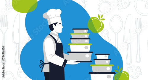 Chef Presenting Healthy Meals in Stackable Containers on a Modern Background
