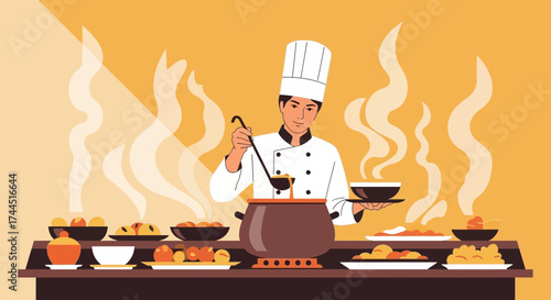 Chef Preparing Food in a Restaurant Kitchen with Multiple Food Dishes Displayed