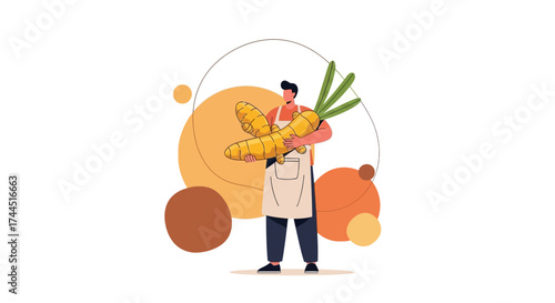 Chef Presenting Large Ginger Root Displayed With Colorful Abstract Background