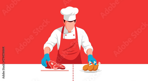 Chef presenting meat and chicken legs on a table against a red background