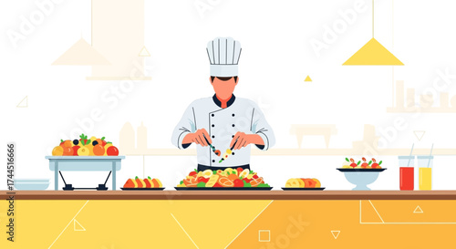 Chef Preparing Food in Kitchen, Restaurant, Cooking Fresh Salad, Delicious Meal, Healthy Food
