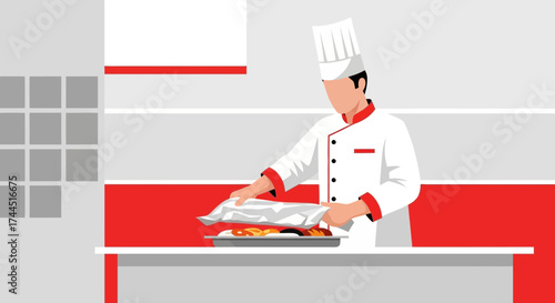 Chef Preparing Food in Modern Kitchen Setting Culinary Illustration Design Concept