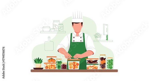 Chef preparing food in modern illustration with fruits and vegetables, cooking concept