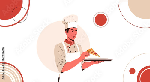 Chef Presenting Pizza Slice On A Tray, Conceptual Illustration, Freshly Made Menu