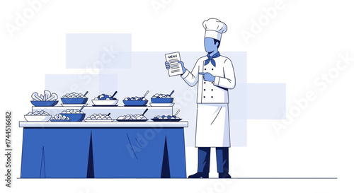 Chef presenting menu near buffet with various dishes in restaurant or catering service