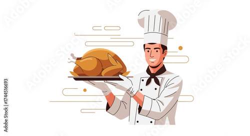 Chef presenting roast chicken on a tray ready to serve for dinner restaurant