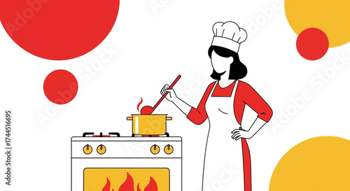 Chef Preparing Food On A Stove, Flat Kitchen Illustration With Geometric Shapes