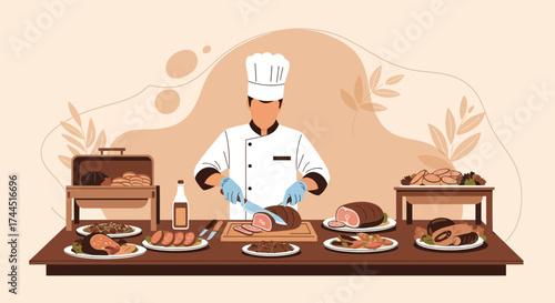 Chef preparing food on a table with many dishes to eat, an illustration for dining