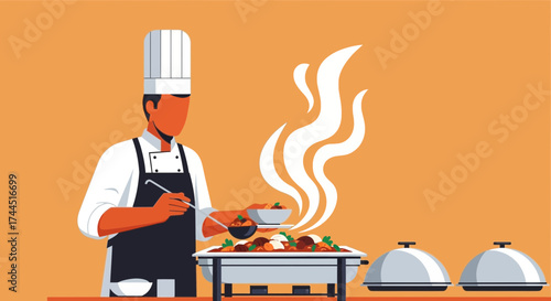 Chef Preparing Food On Buffet Table Serving Delicious Meal For Catering Event