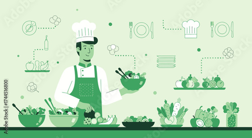 Chef Presents Fresh Salad Illustration Depicting Vegetarian Cuisine and Healthy Eating