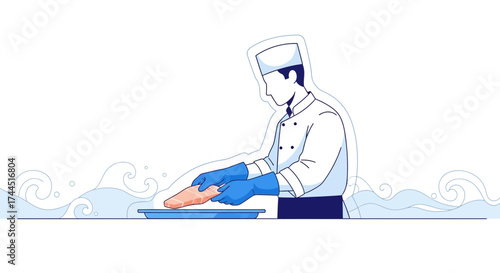 Chef Preparing Fresh Salmon Fillet In A Clean Professional Kitchen Setting Design