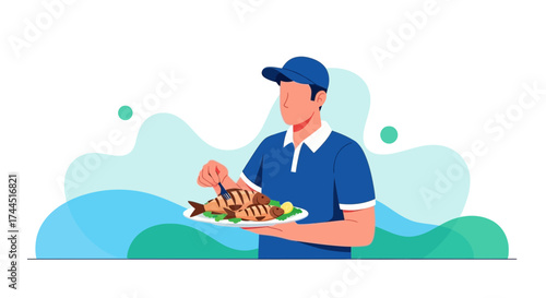 Chef Presents Grilled Fish Dish, Culinary Excellence, Food Illustration for Dining Concepts