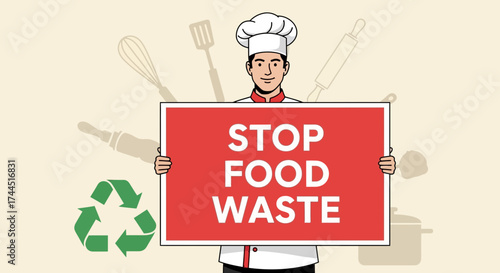 Chef Promoting Food Waste Reduction and Environmental Sustainability with Recycling Symbol