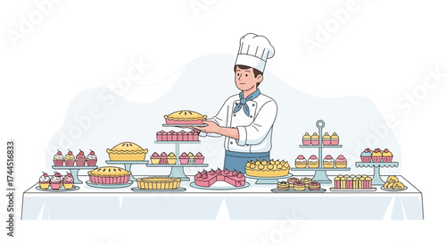 Chef proudly presenting diverse baked goods for dessert buffet with delectable treats