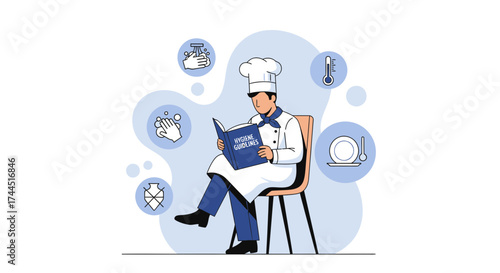Chef Reading Hygiene Guidelines Illustrated For Food Safety And Cleanliness Procedures