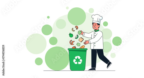Chef Recycling Food Waste in a Green Bin for Improved Environmental Practices