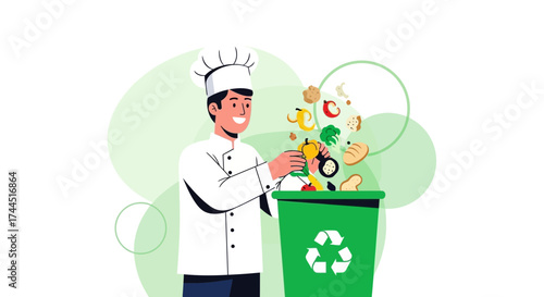 Chef Recycling Food Waste Into The Green Bin, Promoting Sustainable Food Practices Very Well
