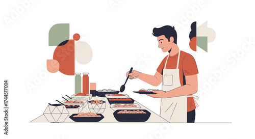 Chef Serving Food Buffet Style with Bowls of Appetizers and Side Dishes Illustration