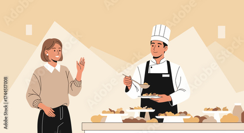 Chef Serving Food For A Guest At The Buffet In Restaurant Or Hotel, With A Smiling Gesture