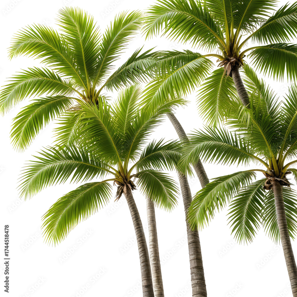 Fototapeta premium Lush green palm trees against black background, tropical scene