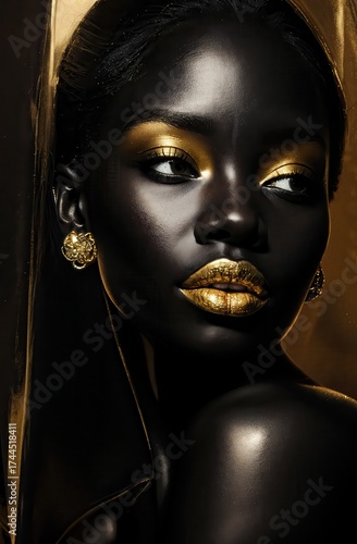 black woman african model Striking Beauty Portrait with Gold Metallic Makeup  