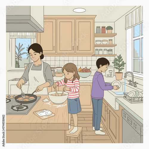 A happy family moment in the kitchen where mother and children cook, mix, and wash dishes together joyfully.